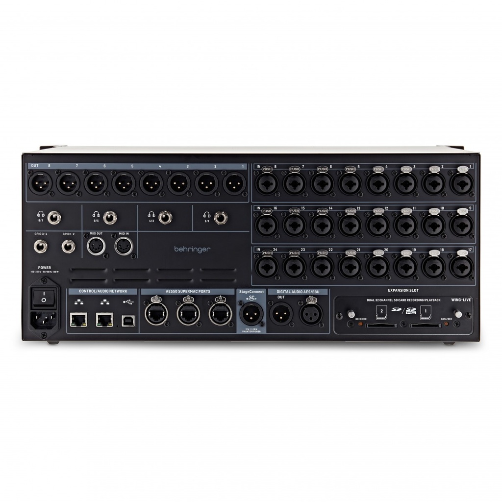 MEZCLADORA DIGITAL BEHRINGER, SERIE WING RACK, 24 ENTRADAS HIBRIDOS FISICOS, 8 OUT XLR, INTERFACE DE AUDIO USB