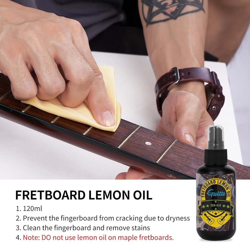 KIT DE LIMPIEZA GUITO, PARA GUITARRA, RESTAURADOR, PROTECTOR, PULIDOR, INCLUYE PAÑO DE LIMPIEZA