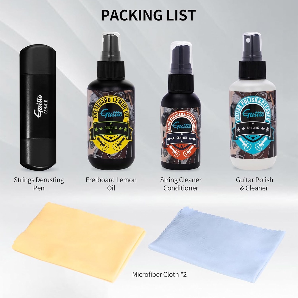 KIT DE LIMPIEZA GUITO, PARA GUITARRA, RESTAURADOR, PROTECTOR, PULIDOR, INCLUYE PAÑO DE LIMPIEZA