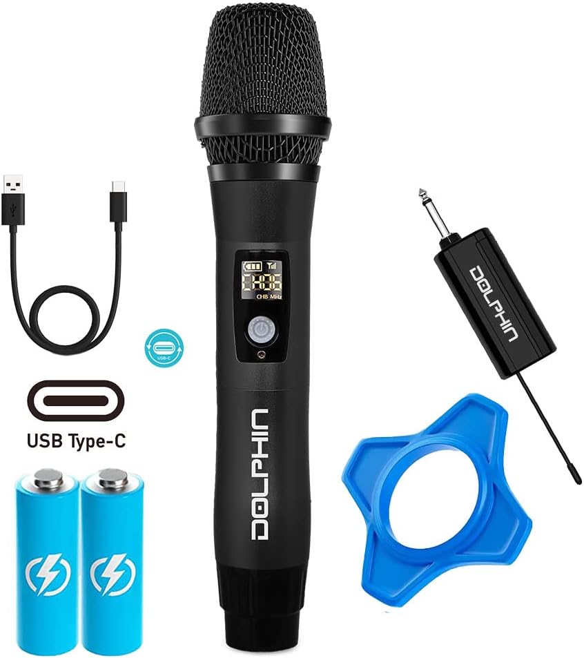 MICROFONO INALAMBRICO DOLPHIN, RECEPTOR UHF, USB-C, 50 CANALES INTERCAMBIABLES, METALICO NEGRO