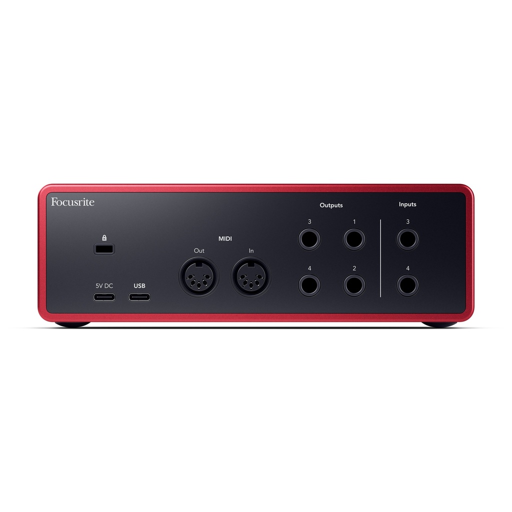 INTERFACE DE AUDIO FOCUSRITE, SERIE 4i4 G4, 2 IN XLR/TS, 2 IN TS, 4 OUT TS, 2 MODOS AIR, AUTO GAIN, COLOR ROJO.