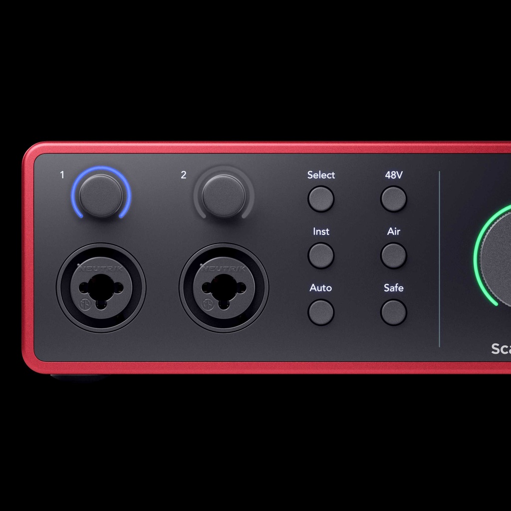 INTERFACE DE AUDIO FOCUSRITE, SERIE 4i4 G4, 2 IN XLR/TS, 2 IN TS, 4 OUT TS, 2 MODOS AIR, AUTO GAIN, COLOR ROJO.