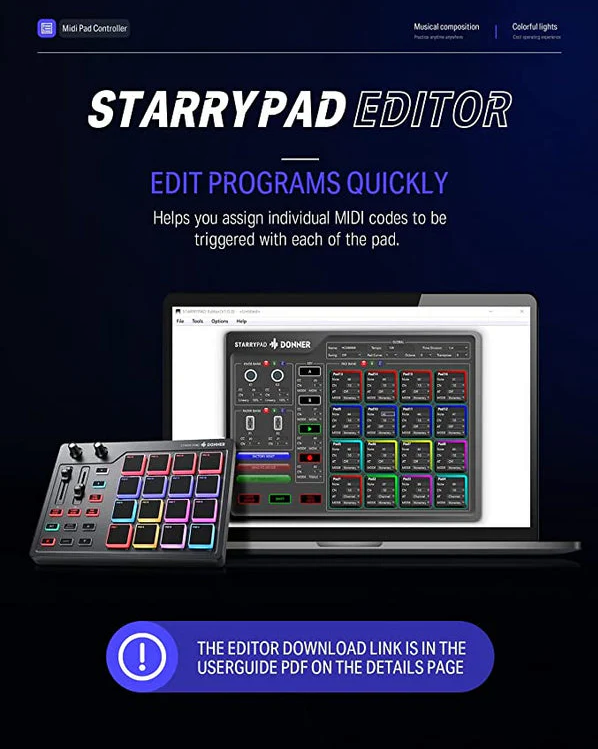 CONTROLADOR MIDI DONNER, STARRYPAD, 16 PADS, 2 FADERS, 2 PERILLAS, COMPATIBLE CON ANDROID, IOS, WINDOWS Y MAC