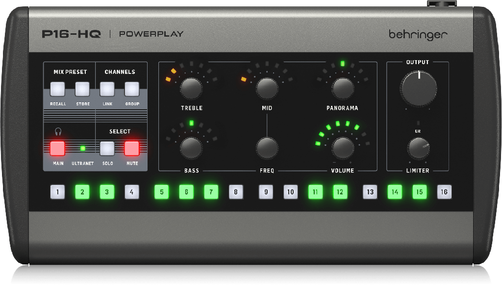 MEZCLADOR DE MONITOREO BEHRINGER, POWERPLAY, DIGITAL, 16 CANALES, CONECTIVIDAD POR ULTRANET, MIDI OUT.