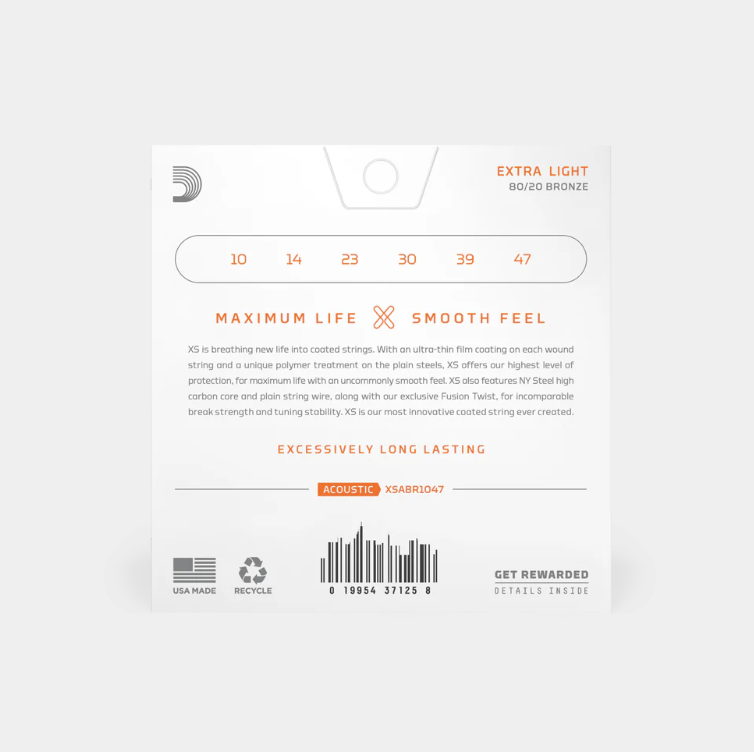 SET DE CUERDAS D´ADDARIO, PARA GUITARRA ACUSTICA, METAL, CALIBRE 010/047, 80/20 BRONZE, EXTENDED LIFE + NATURAL FEEL (copia)