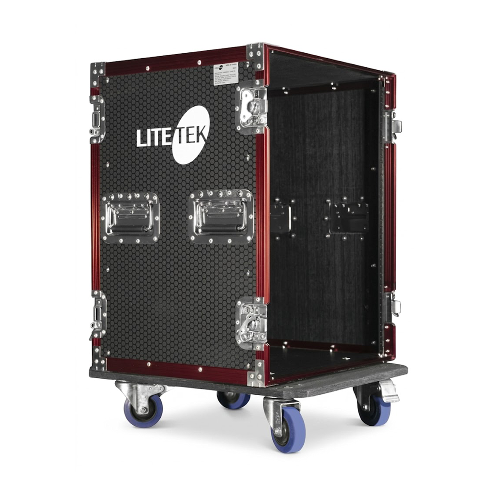 HARD CASE, RACK DE GIRA PROFESIONAL, LITE TEK, CON RUEDAS, 16U, COLOR NEGRO CON ORILLAS ROJAS.