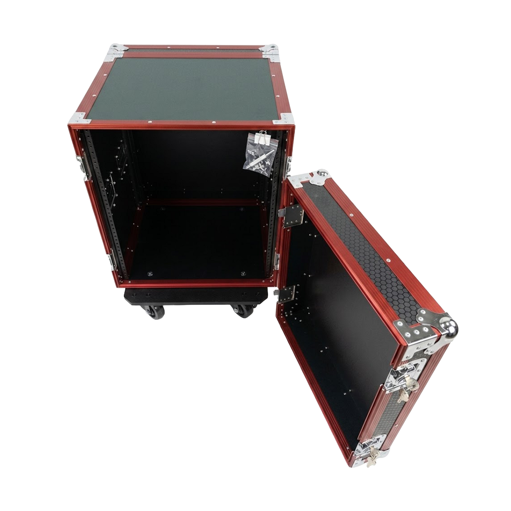 HARD CASE, RACK DE GIRA PROFESIONAL, LITE TEK, CON RUEDAS, 16U, COLOR NEGRO CON ORILLAS ROJAS.