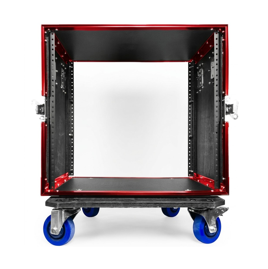 HARD CASE, RACK DE GIRA PROFESIONAL, LITE TEK, CON RUEDAS, 12U, COLOR NEGRO CON PERFIL ROJO.