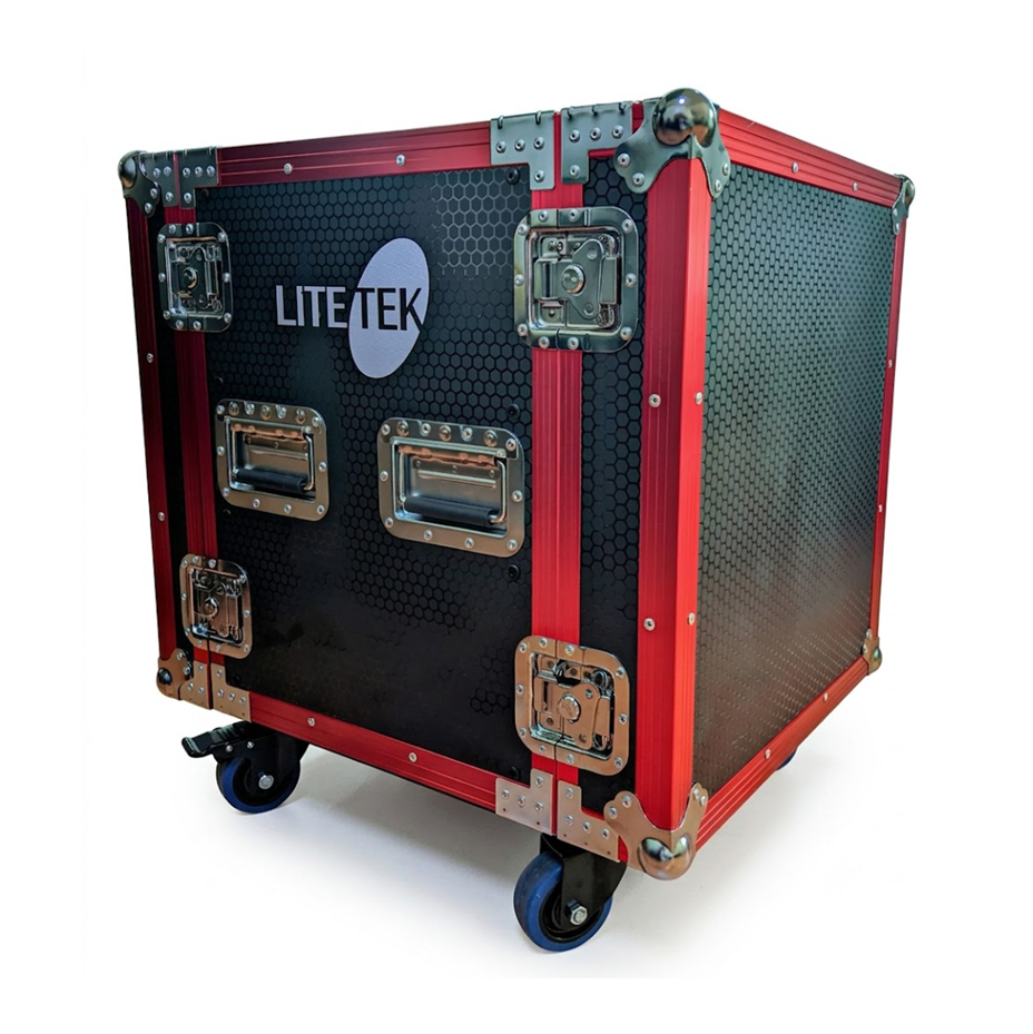 HARD CASE, RACK DE GIRA PROFESIONAL, LITE TEK, CON RUEDAS, 12U, COLOR NEGRO CON PERFIL ROJO.