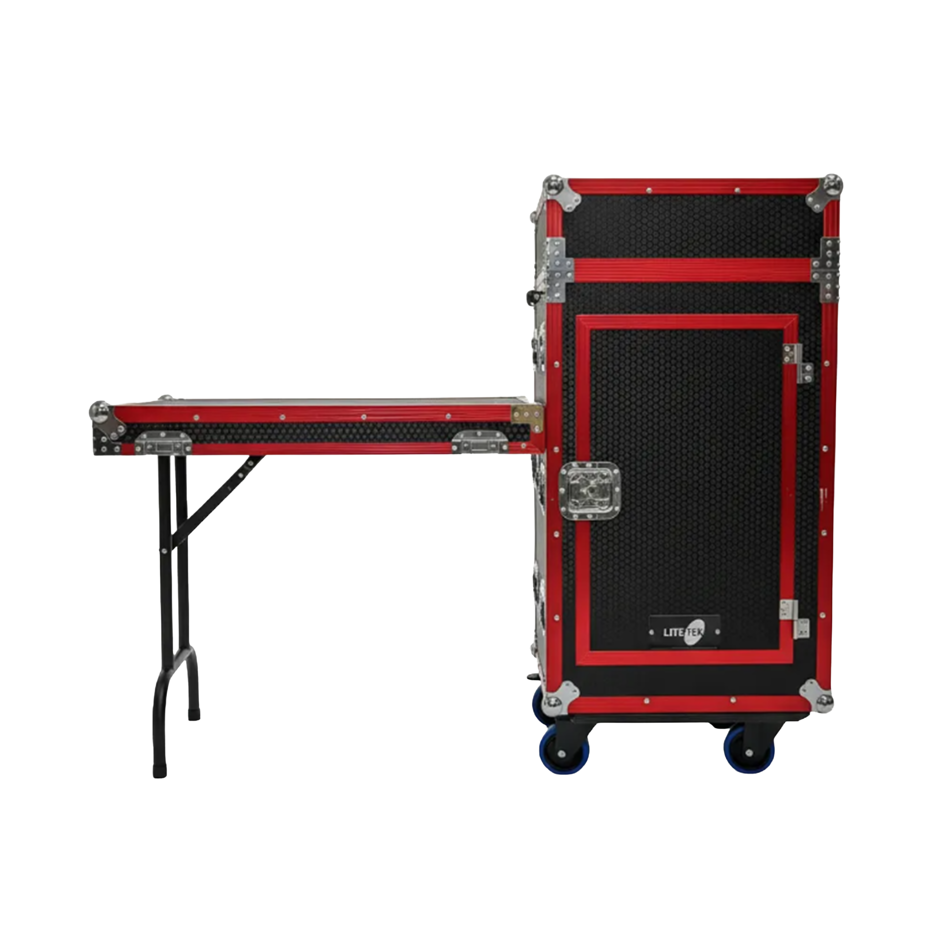 HARD CASE, RACK DE GIRA PROFESIONAL, LITE TEK, SERIE ROAD BOX, CON RUEDAS, 16U, CON MESA PLEGABLE, COLOR NEGRO CON PERFIL ROJO.