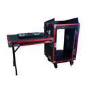 HARD CASE, RACK DE GIRA PROFESIONAL, LITE TEK, SERIE ROAD BOX, CON RUEDAS, 16U, CON MESA PLEGABLE, COLOR NEGRO CON PERFIL ROJO.