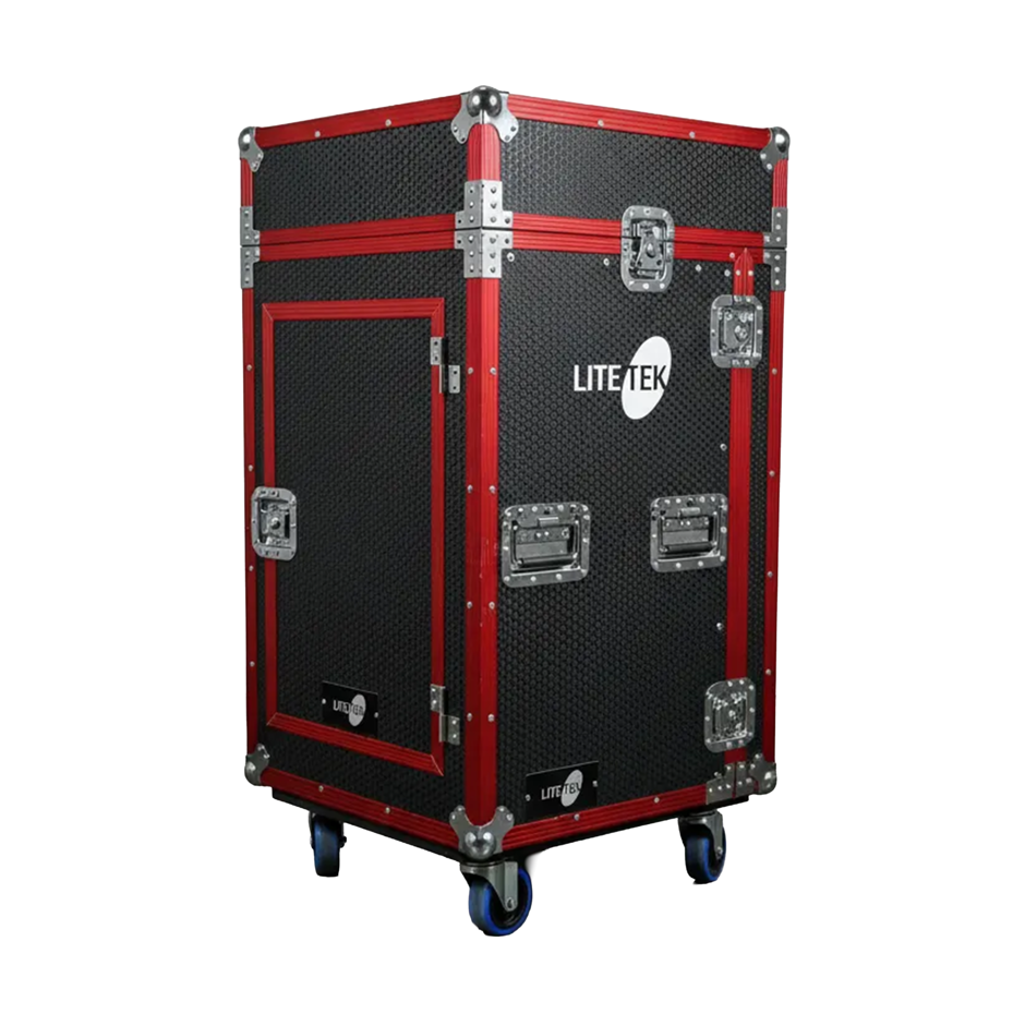 HARD CASE, RACK DE GIRA PROFESIONAL, LITE TEK, SERIE ROAD BOX, CON RUEDAS, 16U, CON MESA PLEGABLE, COLOR NEGRO CON PERFIL ROJO.