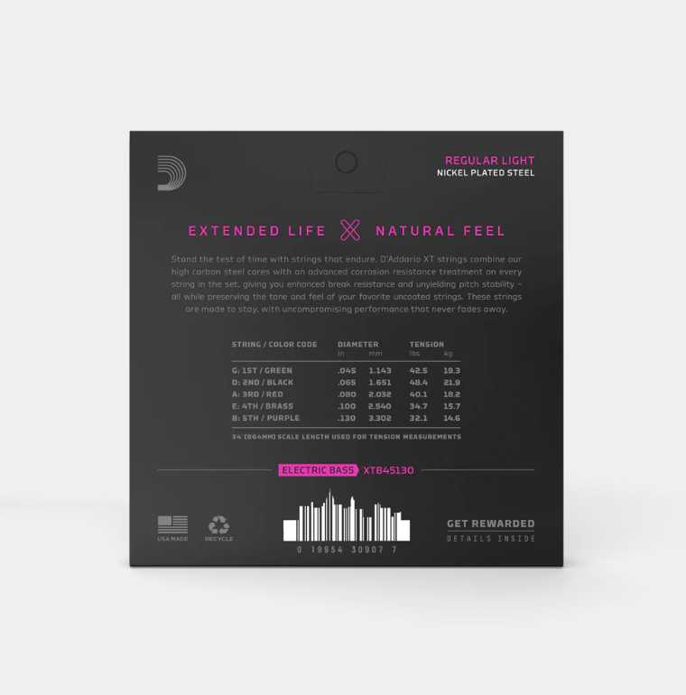 SET DE CUERDAS D´ADDARIO, SERIE XT, PARA BAJO 5 CUERDAS, METAL, CALIBRE 45/130