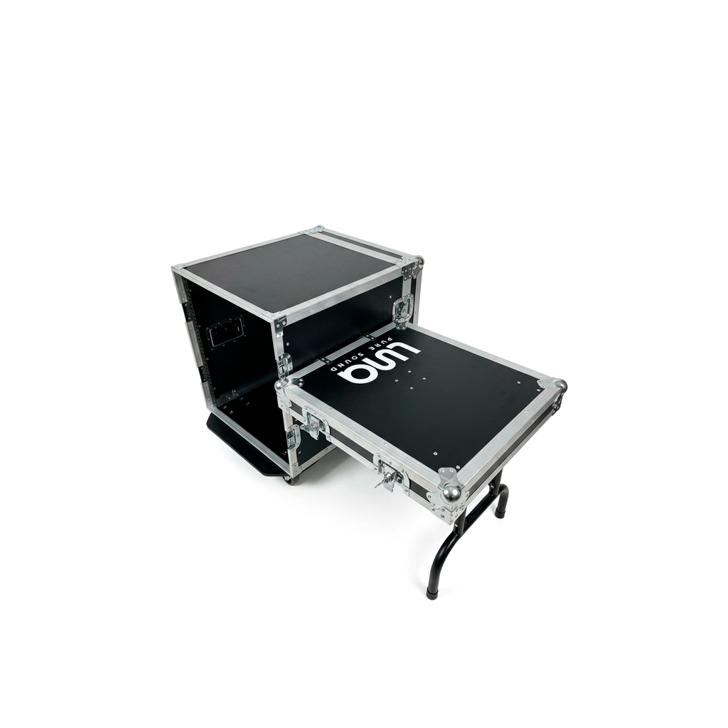 HARD CASE, RACK DE GIRA PROFESIONAL, LUNA, CON RUEDAS, 12U, PUERTAS CONVERTIBLES A MESA, COLOR NEGRO, ORILLAS COLOR PLATEADO.