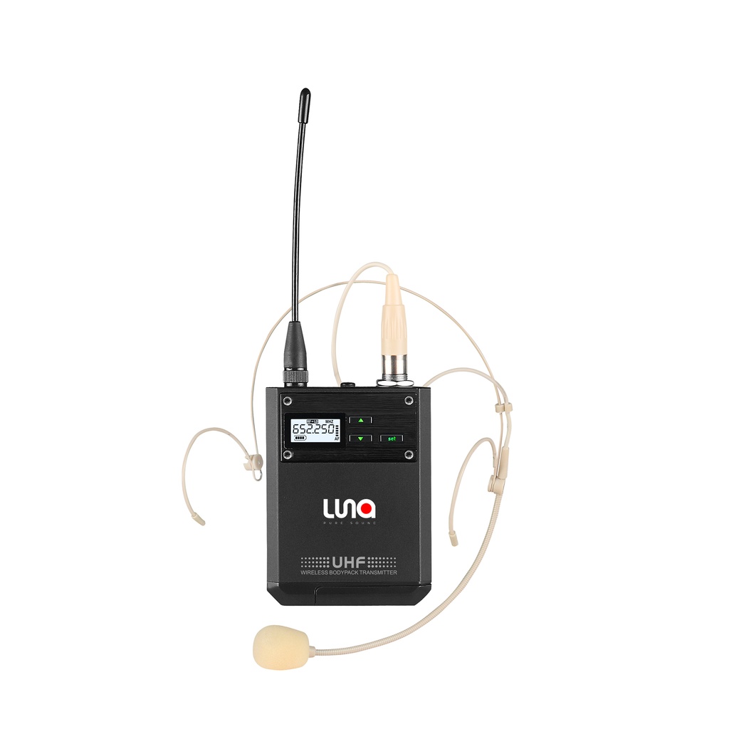 SISTEMA MICROFONO INALAMBRICO LUNA, UHF, DINAMICO, DIGITAL, DE DIADEMA, COLOR PIEL, CON RECEPTOR, 200 METROS DE ALCANCE MAXIMO, 200 FRECUENCIAS INTERCAMBIABLES.