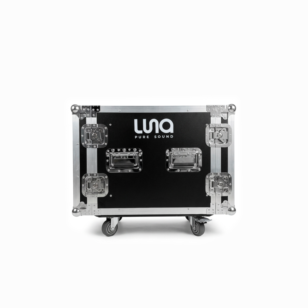 HARD CASE, RACK DE GIRA PROFESIONAL, LUNA, CON RUEDAS, 10U, COLOR NEGRO, ORILLAS COLOR PLATEADO.