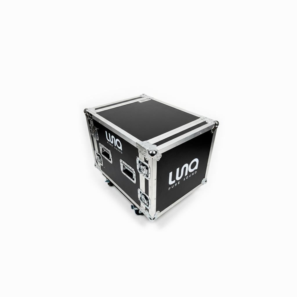 HARD CASE, RACK DE GIRA PROFESIONAL, LUNA, CON RUEDAS, 10U, COLOR NEGRO, ORILLAS COLOR PLATEADO.