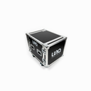HARD CASE, RACK DE GIRA PROFESIONAL, LUNA, CON RUEDAS, 10U, COLOR NEGRO, ORILLAS COLOR PLATEADO.