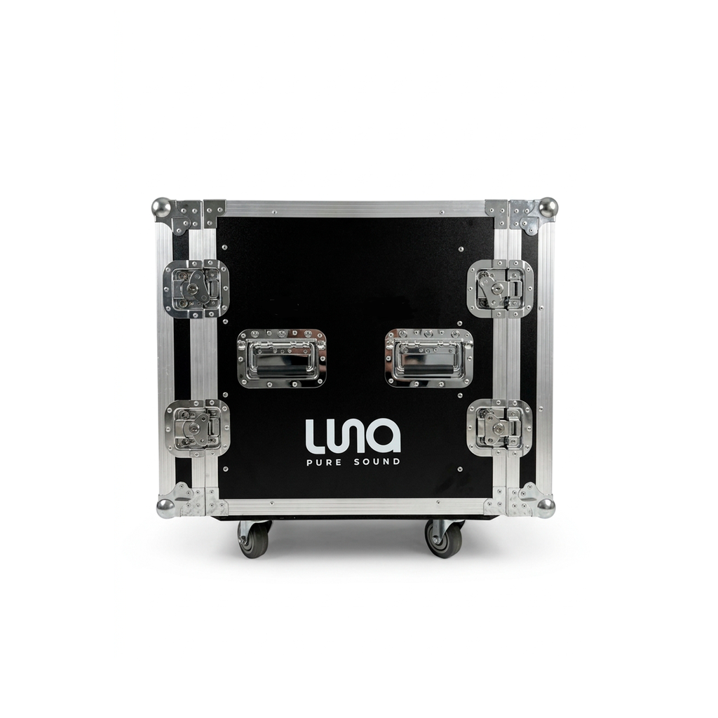 HARD CASE, RACK DE GIRA PROFESIONAL, LUNA, CON RUEDAS, 12U, COLOR NEGRO, ORILLAS COLOR PLATEADO.