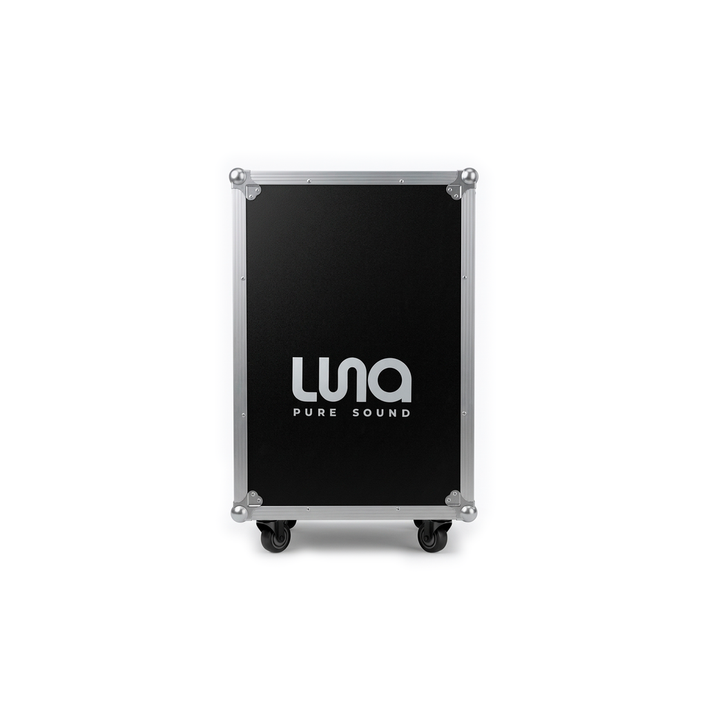 HARD CASE, RACK DE GIRA PROFESIONAL, LUNA, CON RUEDAS, 16U, COLOR NEGRO, ORILLAS COLOR PLATEADO.