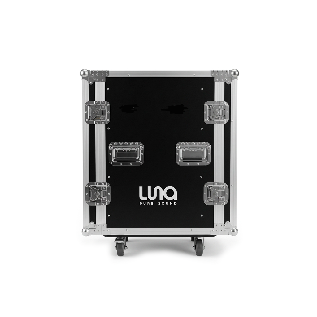 HARD CASE, RACK DE GIRA PROFESIONAL, LUNA, CON RUEDAS, 16U, COLOR NEGRO, ORILLAS COLOR PLATEADO.