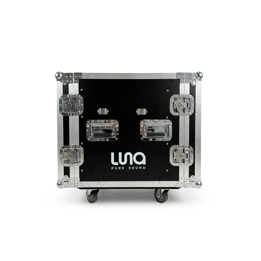 HARD CASE, RACK DE GIRA PROFESIONAL, LUNA, CON RUEDAS, 12U, MESA PLEGABLE INTEGRADA, COLOR NEGRO, ORILLAS COLOR PLATEADO.