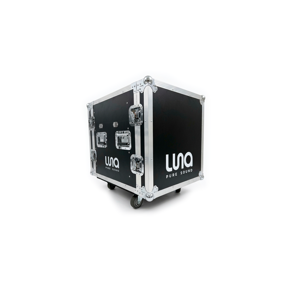 HARD CASE, RACK DE GIRA PROFESIONAL, LUNA, CON RUEDAS, 12U, MESA PLEGABLE INTEGRADA, COLOR NEGRO, ORILLAS COLOR PLATEADO.