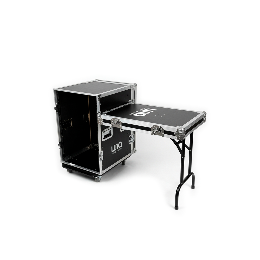 HARD CASE, RACK DE GIRA PROFESIONAL, LUNA, CON RUEDAS, 16U, MESA PLEGABLE INTEGRADA, COLOR NEGRO, ORILLAS COLOR PLATEADO.