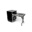 HARD CASE, RACK DE GIRA PROFESIONAL, LUNA, CON RUEDAS, 16U, MESA PLEGABLE INTEGRADA, COLOR NEGRO, ORILLAS COLOR PLATEADO.