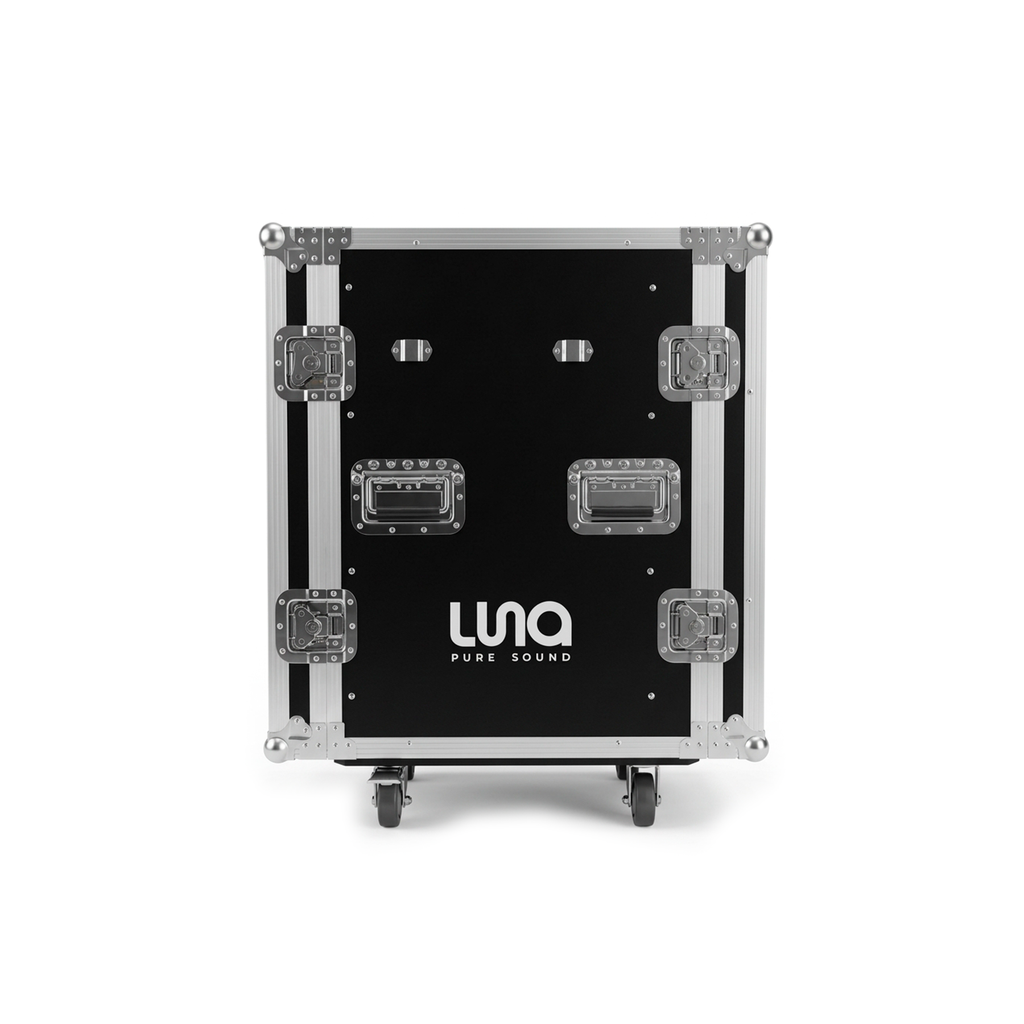 HARD CASE, RACK DE GIRA PROFESIONAL, LUNA, CON RUEDAS, 16U, MESA PLEGABLE INTEGRADA, COLOR NEGRO, ORILLAS COLOR PLATEADO.