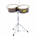 SET DE TIMBALES LP, SERIE TITO PUENTE, ACERO INOXIDABLE, MEDIDAS 14 Y 15, CON SOPORTE CROMADO, COLOR BRONCE ANTIGUO