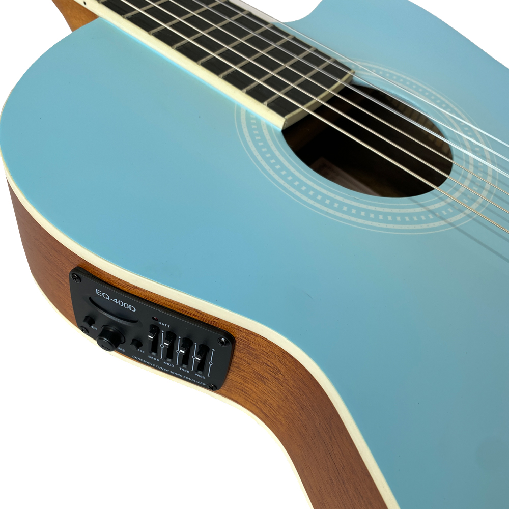 GUITARRA ELECTROCLASICA VALENCIANA, DE 39". CURTAWAY, COLOR CELESTE MATE