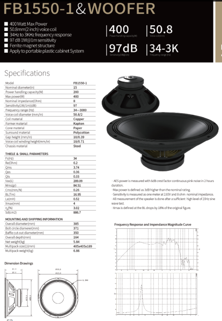 ALTAVOZ PASIVO SOUNDKING, (BOCINA SIN CAJA) DE 15", 400 WATTS MAX, 8 OHM, 38Hz - 3kHz, 97 dB, FERRITA