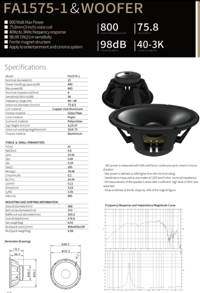 ALTAVOZ PASIVO SOUNDKING, (BOCINA SIN CAJA) DE 15", 800 WATTS MAX, 8 OHM, 40Hz - 3kHz, 98 dB, FERRITA