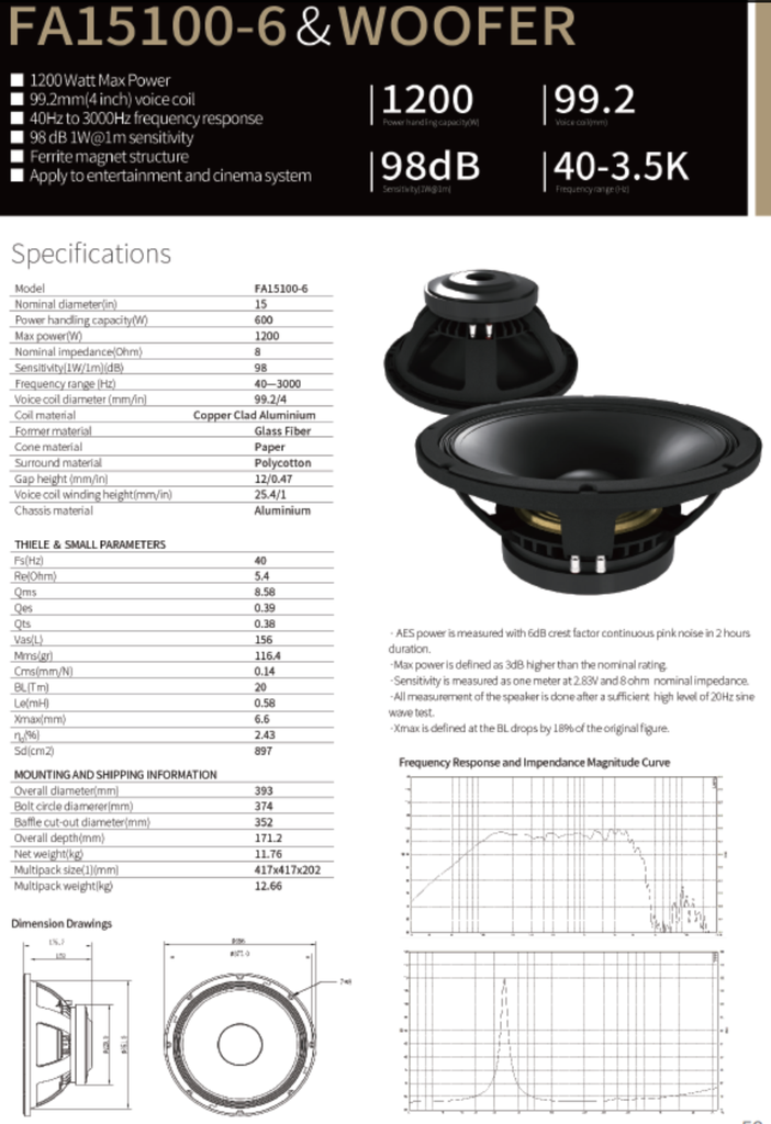 ALTAVOZ PASIVO SOUNDKING, (BOCINA SIN CAJA) DE 15", 800 WATTS MAX, 8 OHM, 42Hz - 3kHz, 99dB, FERRITA
