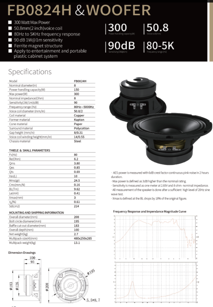 ALTAVOZ PASIVO SOUNDKING, (BOCINA SIN CAJA) DE 8", 300 WATTS MAX, 8 OHM, 80 Hz - 5kHz, 90 dB, FERRITA