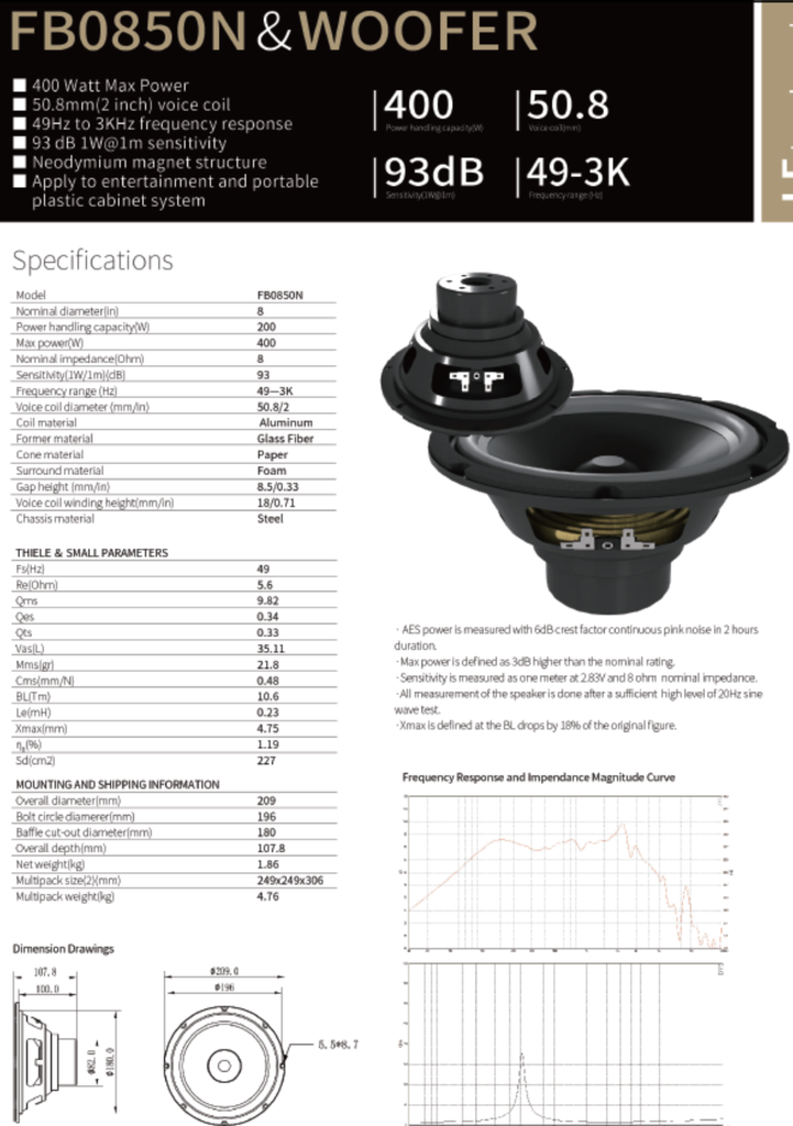 ALTAVOZ PASIVO SOUNDKING, (BOCINA SIN CAJA) DE 8", 400 WATTS MAX, 8 OHM, 49 Hz -3kHz, NEODIMIO,