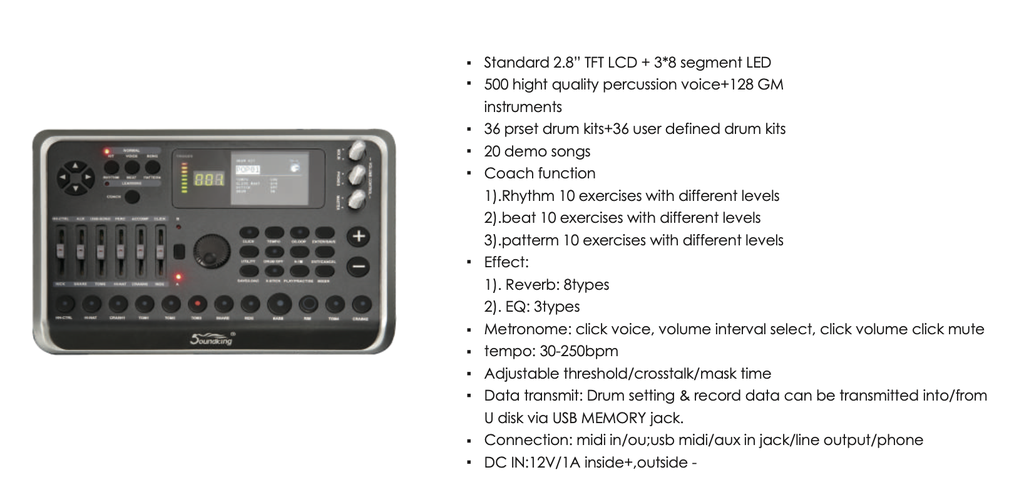 BATERIA ELECTRICA SOUNDKING, 500 TIMBRES, 36 KIT DRUMS PRESETS, 20 DEMO,  8 PIEZAS, PANTALLA TFT LCD, EQ, EFECTOS