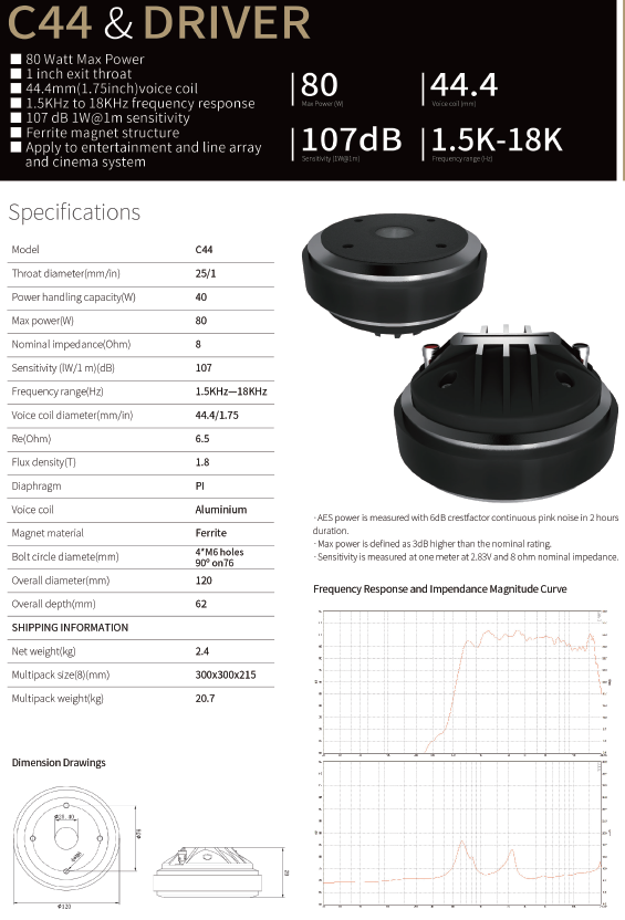DRIVER SOUNDKING, 80 WATTS, 8 OHM, 1.5 kHz - 18kHz, 107 dB, FERRITA