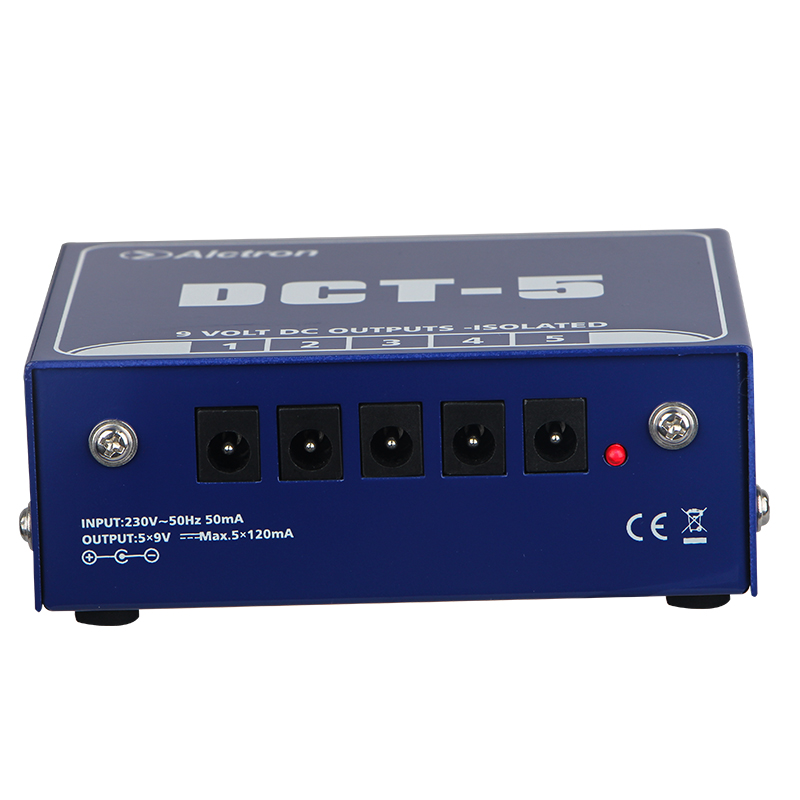FUENTE DE ALIMENTACION ALCTRON, 5 CONECTORES 9V, 50mA, PARA PEDALES, MATERIAL DE METAL ROBUSTA, COLOR AZUL