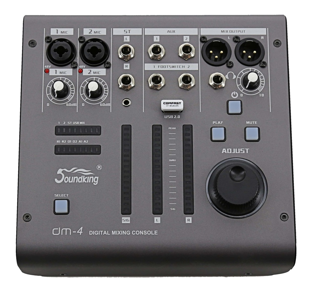 MEZCLADORA PASIVA SOUNDKING, (CONSOLA ANALOGA) 10 ENTRADAS (6 XLR/LINE) (4 PLUG MONO), 48V+, 6 SALIDAS (4 PLUG MONO) (2 XLR MAIN LR), RCA IN/OUT, USB REC/PLAY, BT, EFX, COMP. (copia)