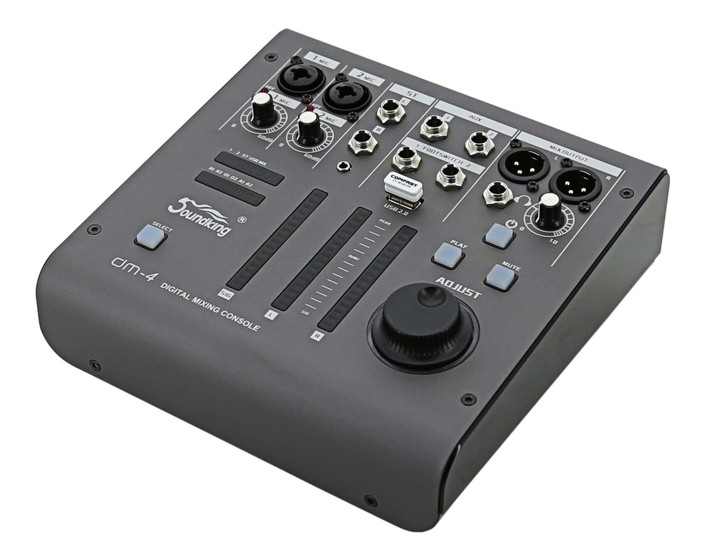 MEZCLADORA PASIVA SOUNDKING, (CONSOLA ANALOGA) 10 ENTRADAS (6 XLR/LINE) (4 PLUG MONO), 48V+, 6 SALIDAS (4 PLUG MONO) (2 XLR MAIN LR), RCA IN/OUT, USB REC/PLAY, BT, EFX, COMP. (copia)