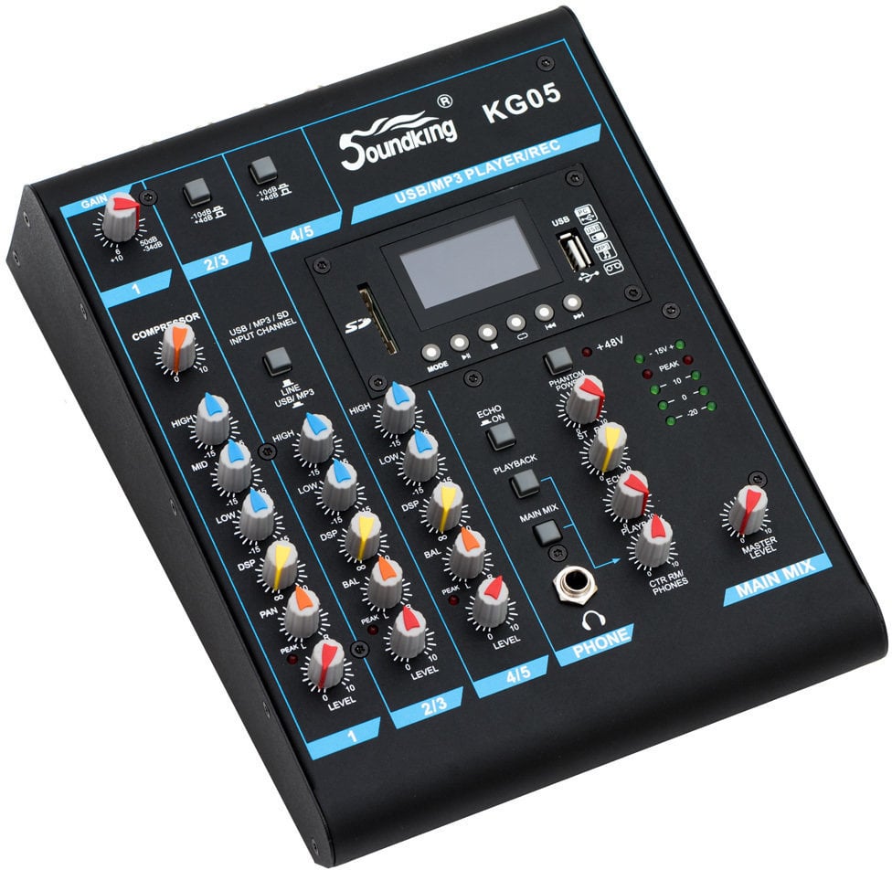 MEZCLADORA PASIVA SOUNDKING, (CONSOLA ANALOGA) 2 ENTRADAS (1 XLR/LINE) (1 PLUG MONO), 48V+, 4 SALIDAS (2 PLUG MONO) (2 XLR MAIN LR), RCA IN/OUT, USB REC/PLAY, BT, EFX, COMP. (copia)