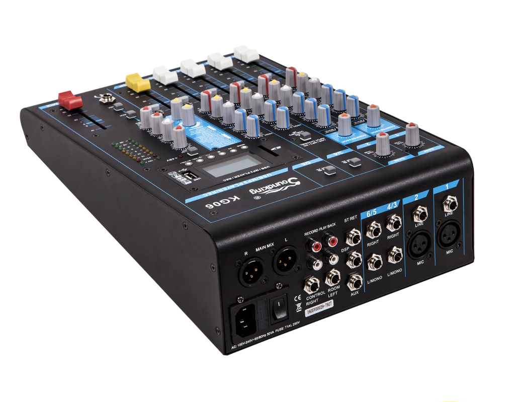 MEZCLADORA PASIVA SOUNDKING, (CONSOLA ANALOGA) 10 ENTRADAS (6 XLR/LINE) (4 PLUG MONO), 48V+, 6 SALIDAS (4 PLUG MONO) (2 XLR MAIN LR), RCA IN/OUT, USB REC/PLAY, BT, EFX, COMP. (copia)