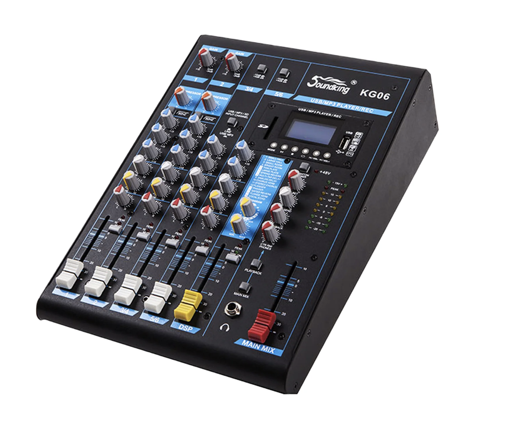 MEZCLADORA PASIVA SOUNDKING, (CONSOLA ANALOGA) 4 ENTRADAS (2 XLR/LINE) (2 PLUG MONO), 48V+, 4 SALIDAS (2 PLUG MONO) (2 XLR MAIN LR), RCA IN/OUT, USB REC/PLAY, BT, EFX, COMP.