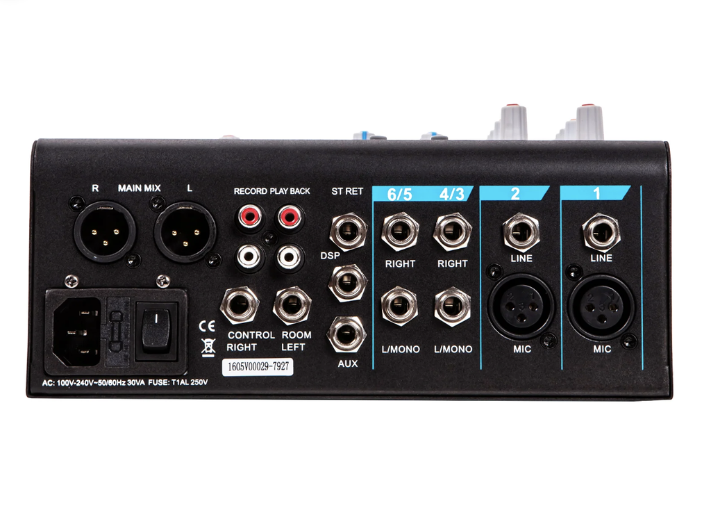 MEZCLADORA PASIVA SOUNDKING, (CONSOLA ANALOGA) 4 ENTRADAS (2 XLR/LINE) (2 PLUG MONO), 48V+, 4 SALIDAS (2 PLUG MONO) (2 XLR MAIN LR), RCA IN/OUT, USB REC/PLAY, BT, EFX, COMP.