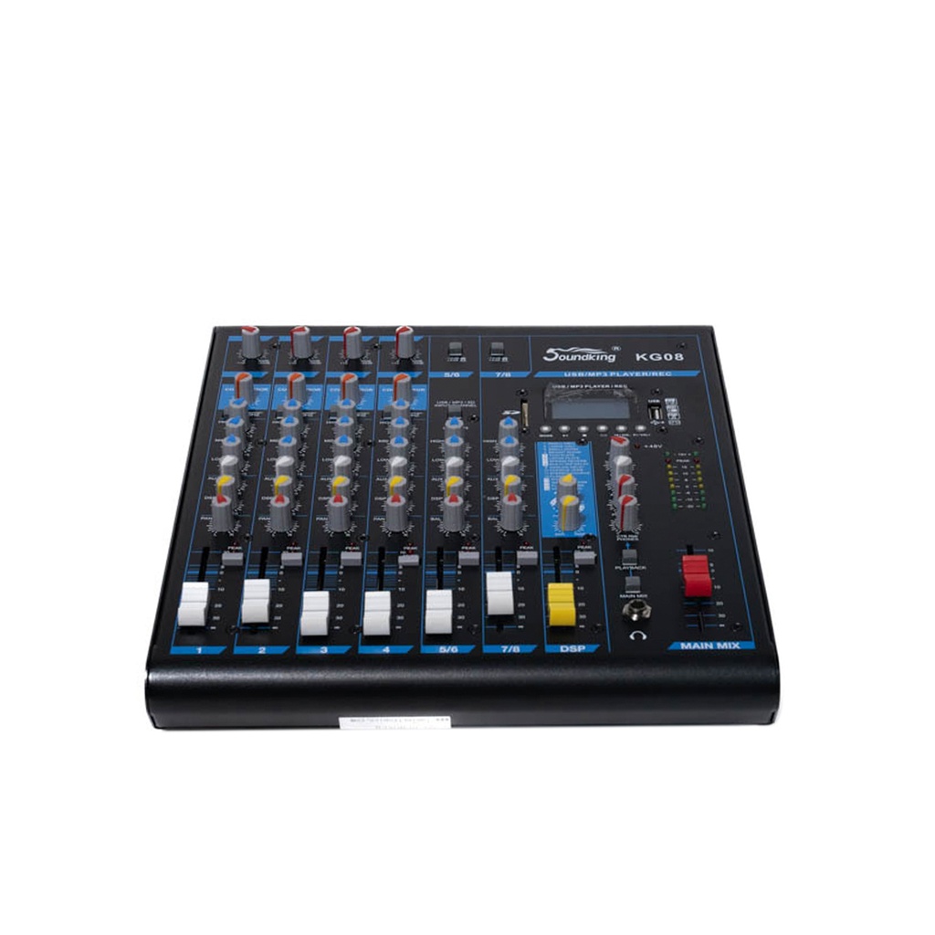 MEZCLADORA PASIVA SOUNDKING, (CONSOLA ANALOGA) 10 ENTRADAS (6 XLR/LINE) (4 PLUG MONO), 48V+, 6 SALIDAS (4 PLUG MONO) (2 XLR MAIN LR), RCA IN/OUT, USB REC/PLAY, BT, EFX, COMP. (copia)