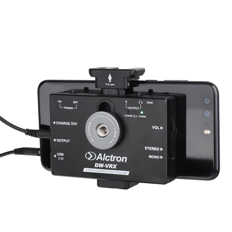 SISTEMA DE TRANSMISOR Y RECEPTOR ALCTRON, PARA TELEFONOS Y CAMARAS DSLR, INCLUYE MICROFONO INALAMBRICO, 24 BITS/96kHz, RADIO TRANSMISION 5.8G