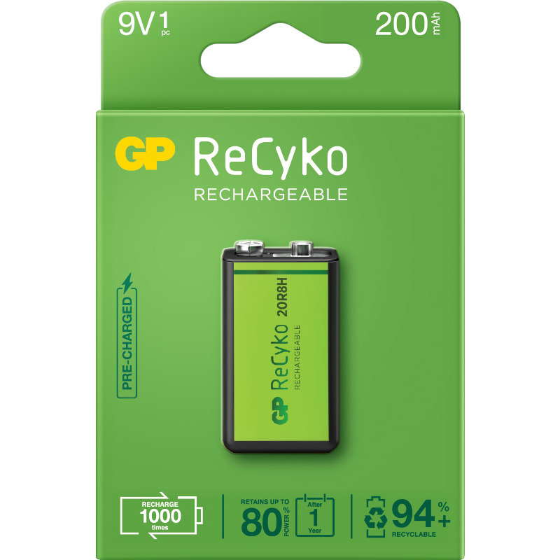 BATERIA RECARGABLE 9V GP, RECYKO, 1000 RECARGAS, 1PC