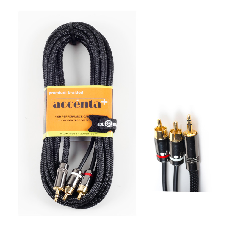 CABLE ACCENTA, 2X RCA - 1X PLUG TRS 3.5, 12 PIES, TELA, NEGRO